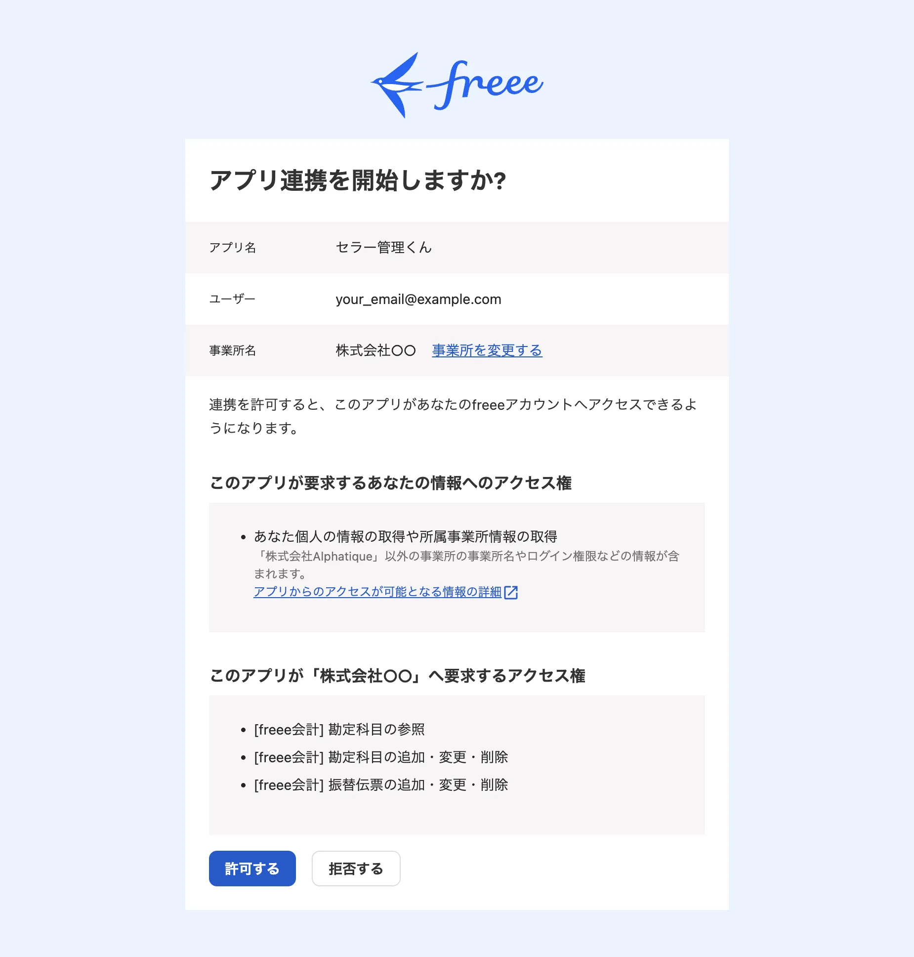 freee のアクセス許可確認画面。セラー管理くんへのアクセスを許可するボタンが表示されている
